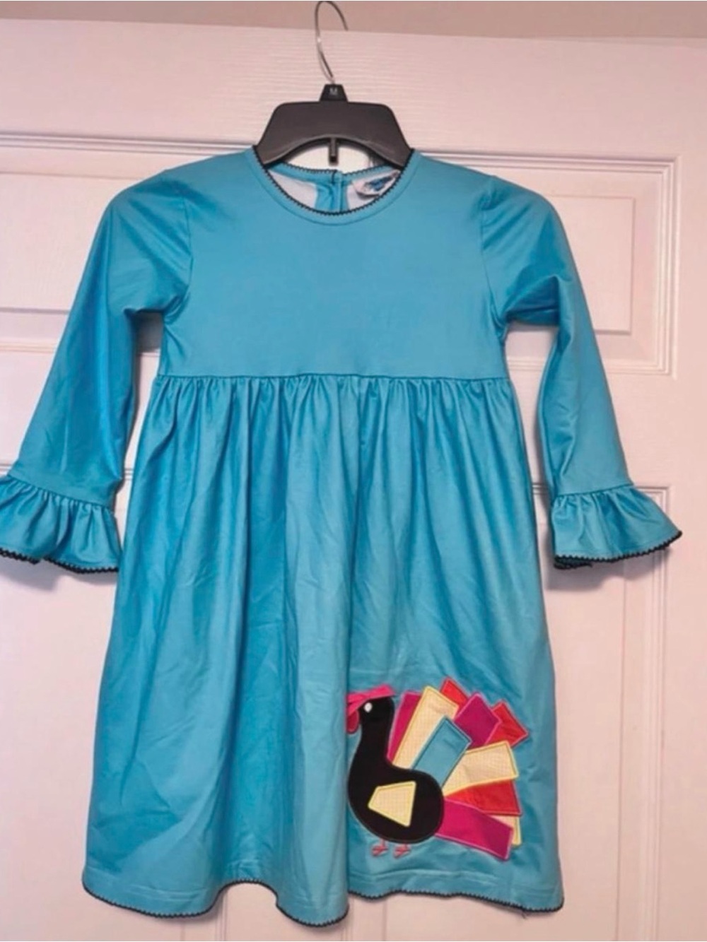 Girls' Turquoise Dress with Colorful Peacock Applique - Casual
